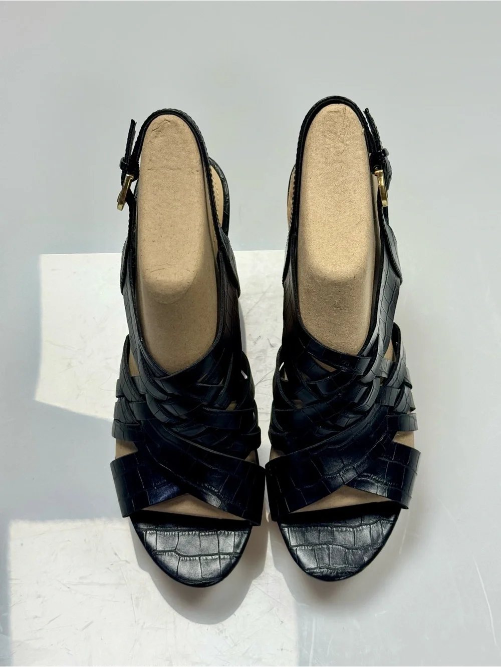 GUESS Black Croc Embossed Strappy Cork Platform Wedge Sandals 9.5M NWOT